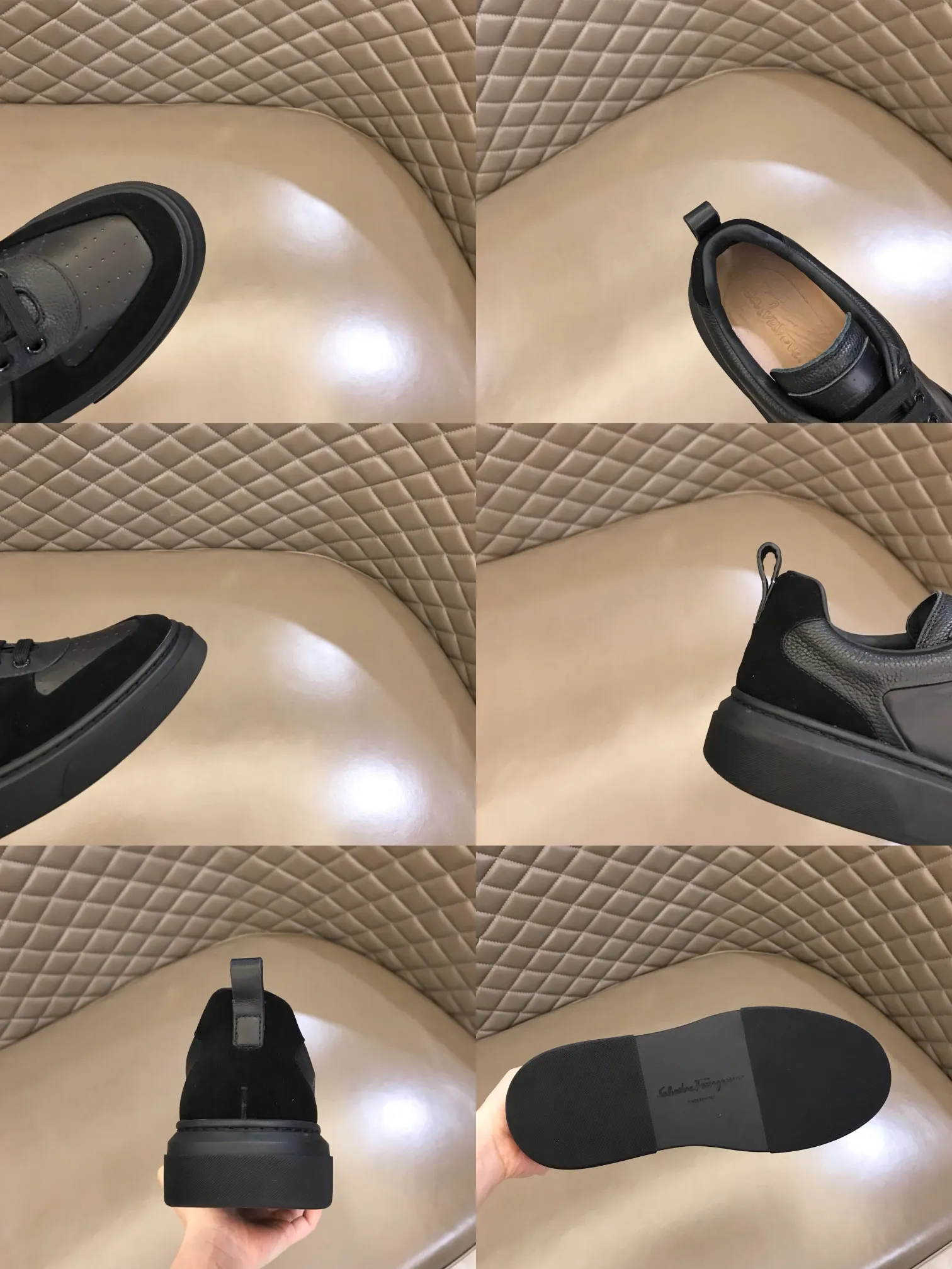 p420 "Salvatore Ferraga**" men's low-cut fashion sneakers. This casual shoe has a novel structure and is made of soft calfskin. The contrasting color elements on the upper highlight the bold and avant-garde atmosphere. The first-layer cowhide lining is high-end and comfortable. Energetic and fresh, these shoes can be worn with casual looks or add a touch of street style to elegant trousers.  Size: 38-44